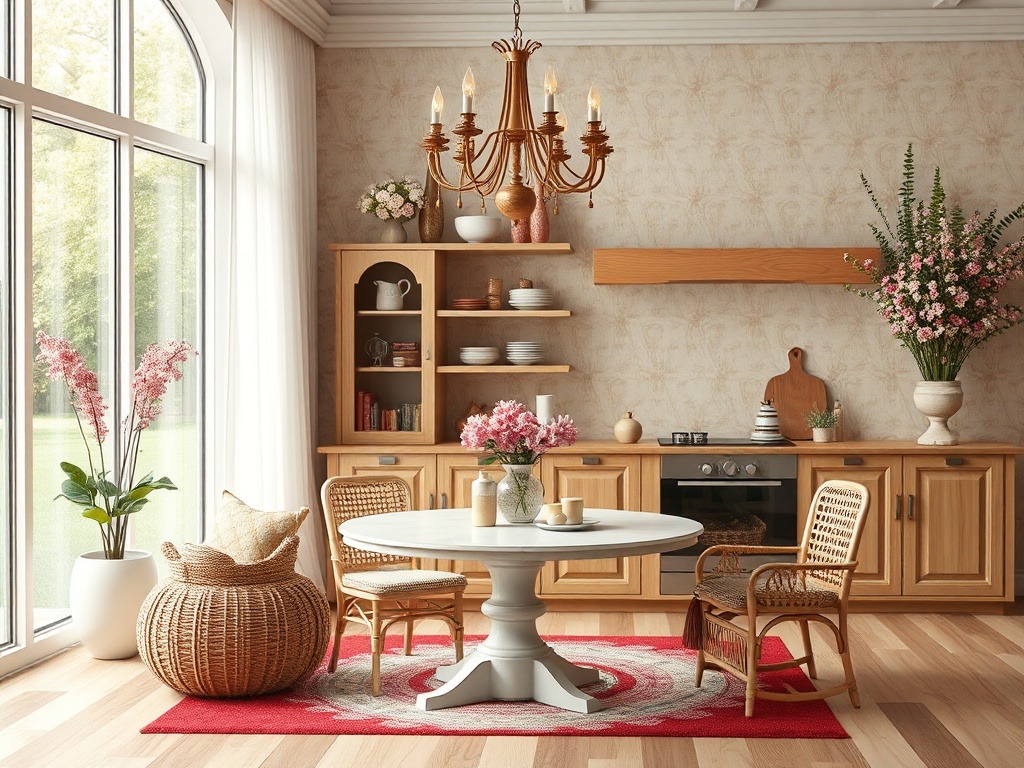 Светлое помещение с обеденным столом, стульями и шкафом, оформлено в теплых тонах с цветами и уютными деталями.