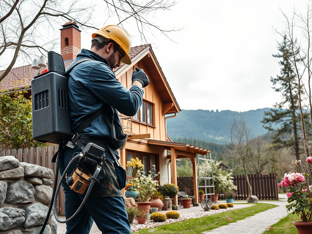Рабочий в защитной каске с оборудованием на спине стоит перед загородным домом с цветами.