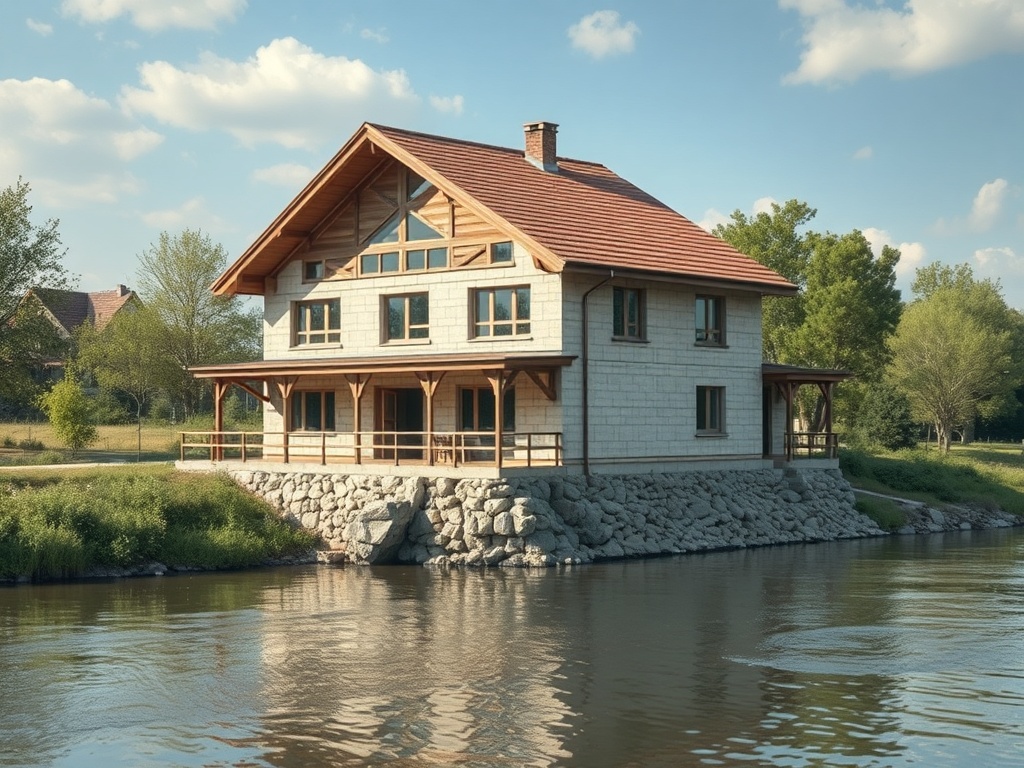 Двухэтажный дом в современном стиле у воды, окружённый зеленью и деревьями. Спокойная атмосфера природы.