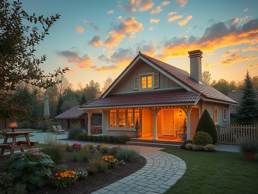 Уютный загородный дом с ярким освещением на фоне заката, окружённый зеленью и цветами.