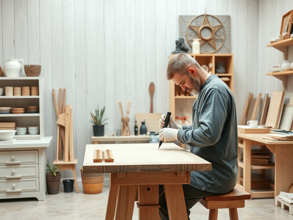 Мужчина работает над деревянной мебелью в мастерской, используемой для столярных работ.