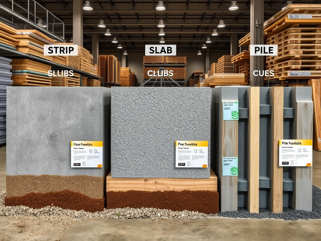 На изображении три типа материалов: Strip, Slab и Pile, с описанием их текстуры и применения.