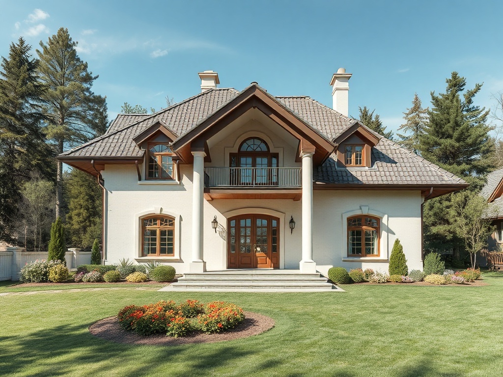 Современный дом с красивым ландшафтом, зелёным газоном и ухоженными цветами. По соседству — леса и деревья.