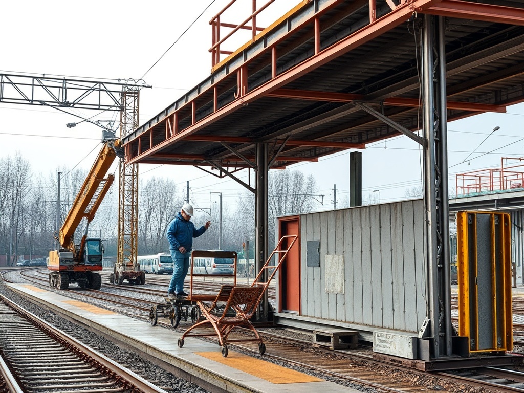 Строитель работает на платформе вокзала, используя подъемник и средство для передвижения по рельсам.