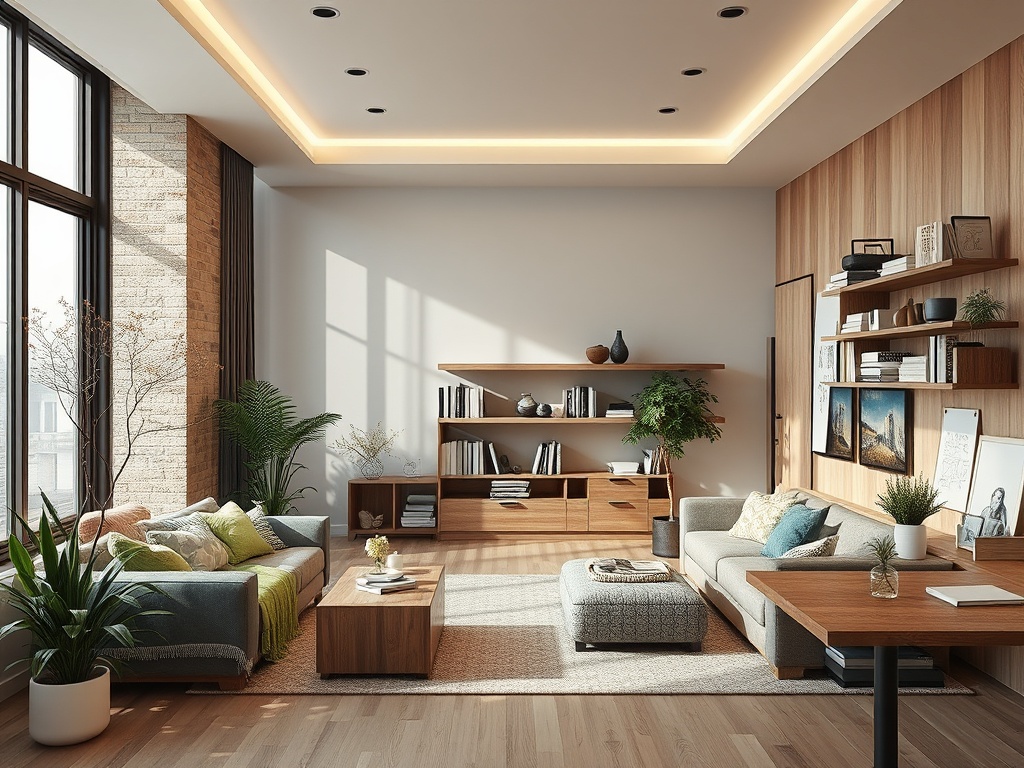 Современная гостиная с большими окнами, деревянной мебелью и зелеными растениями. Светлые тона создают уют.