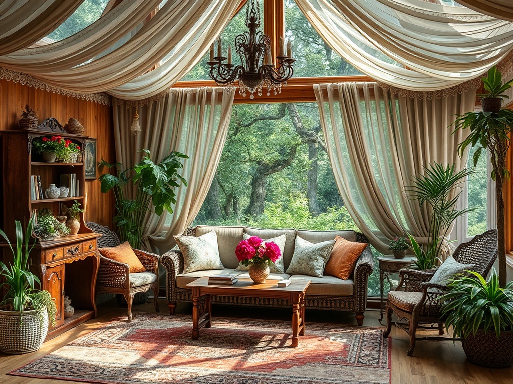 Уютная гостиная с мягкой мебелью, зелеными растениями и большими окнами, через которые виден сад.