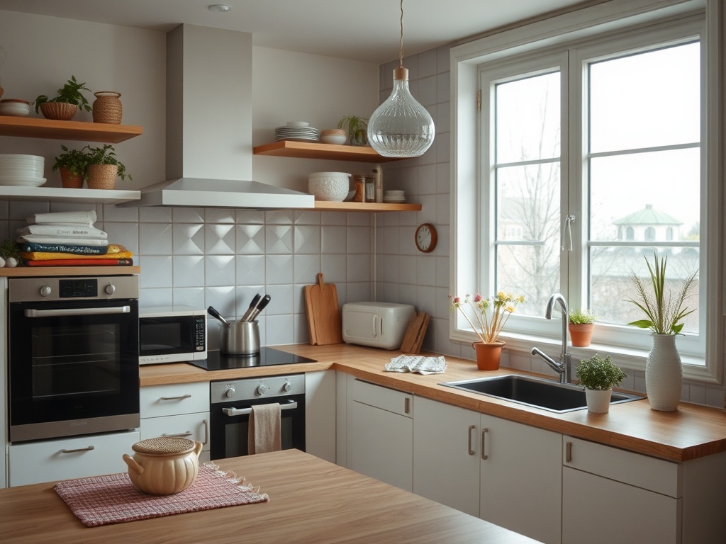 Современная кухня с деревянным столом, белыми шкафчиками и зелеными растениями на полках. Важно освещение.