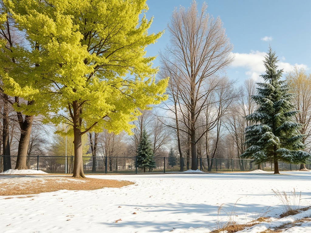 Снежный пейзаж с ярким зелёным деревом и голыми деревьями на фоне ясного неба.