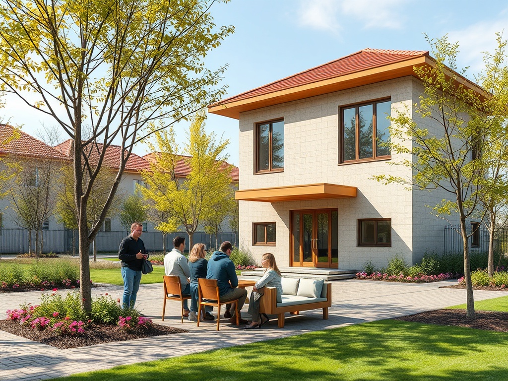 На свежем воздухе группа людей беседует рядом с современным домом и зелеными насаждениями.