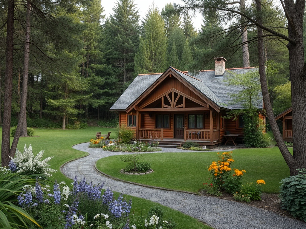 Уютный деревянный дом в окружении зелени и цветущих растений, с дорожкой и ухоженным газоном.