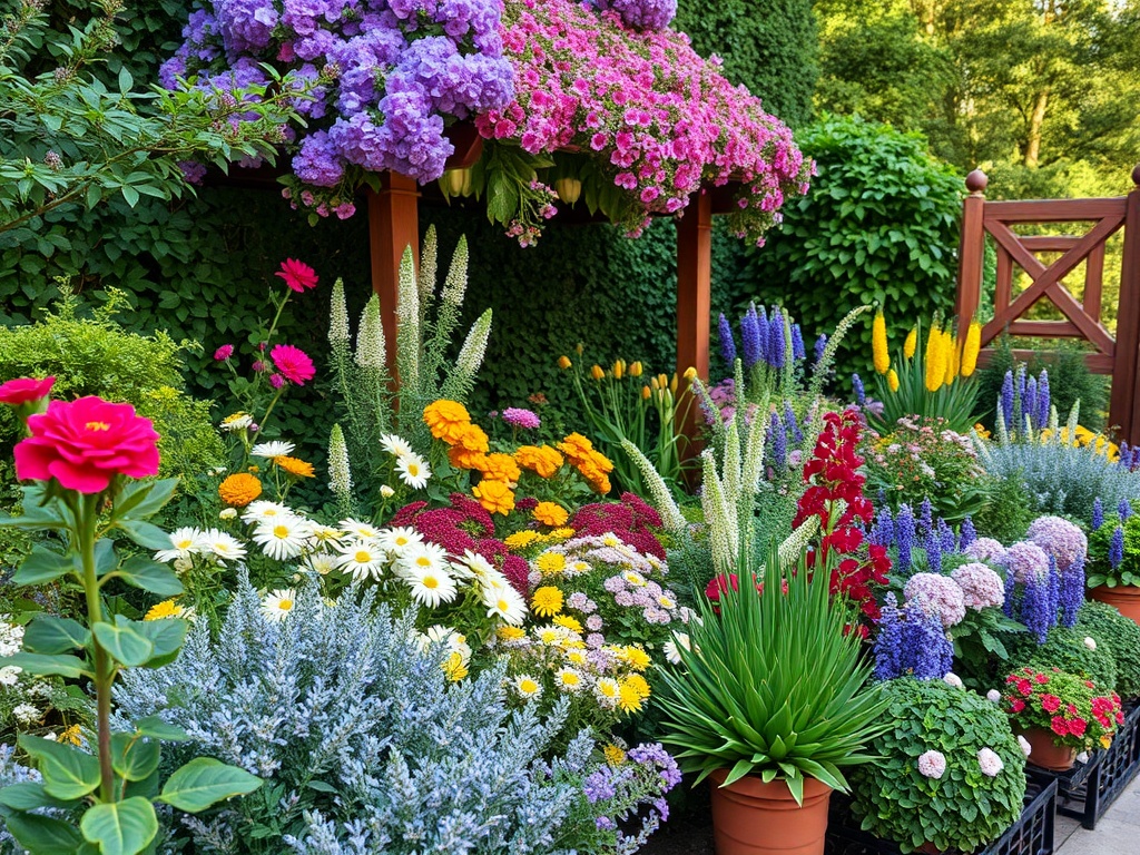 Сад с разнообразными цветами: яркие цветы в горшках и на клумбах, зелень и уютная атмосфера.