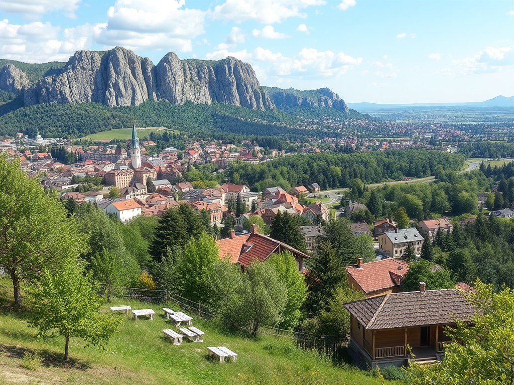 Живописный вид на город с церквью и горами на заднем плане, окружённый зелеными деревьями и природой.