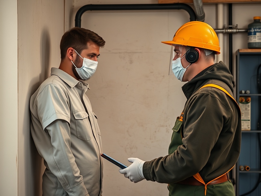 Два человека с масками обсуждают что-то в помещении, один в каске, другой в рабочей одежде.