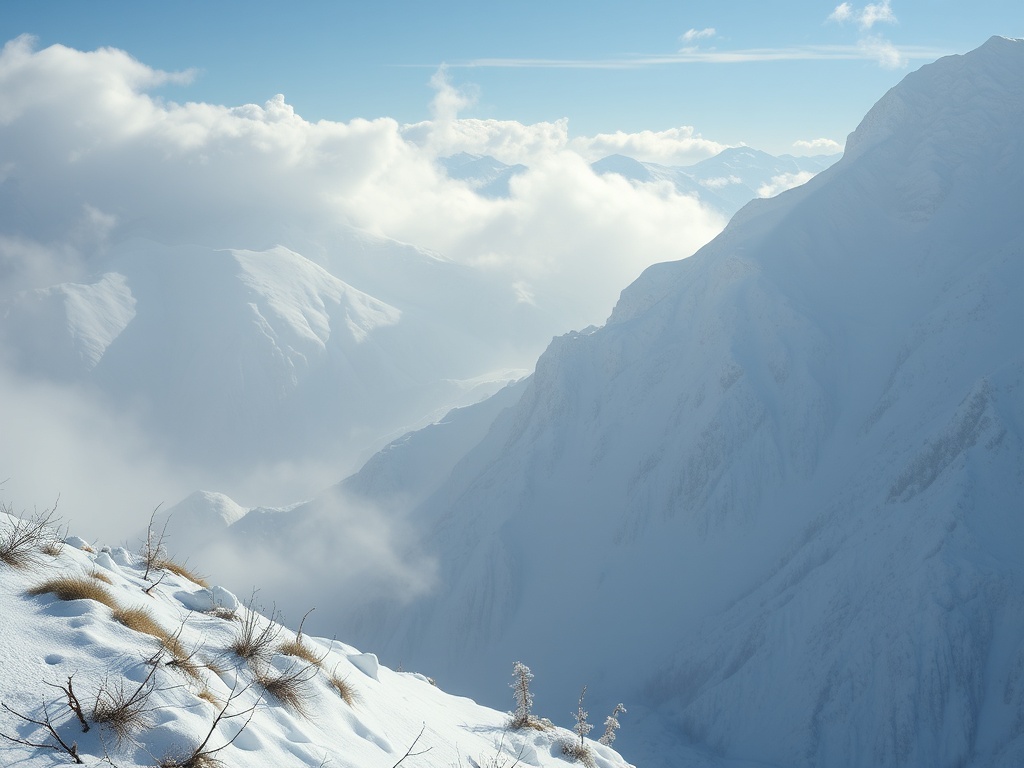 Снежные горы под облаками, яркое небо. Пейзаж создает атмосферу спокойствия и величия природы.