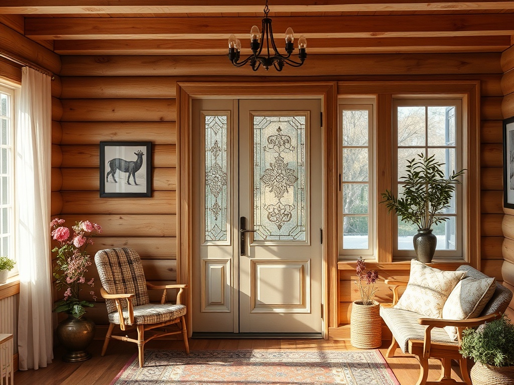 Светлая прихожая с деревянными стенами, витражными дверями и уютной мебелью, украшенная растениями и цветами.