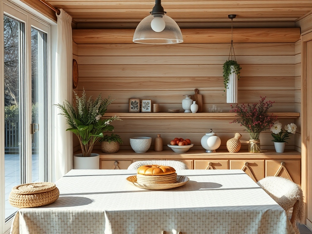 Светлое кухня с деревянными стенами, столом, корзинами и растениями, создающая уютную атмосферу.