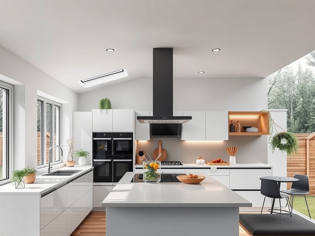 Современная кухня с белыми шкафами, черной вытяжкой и большим окном, наполненным светом и зеленью.