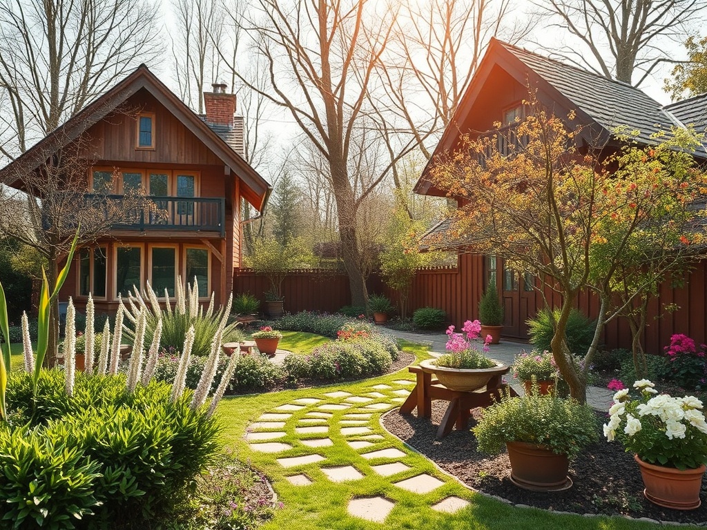 Уютный сад с домами, цветами и извивающейся дорожкой, окружённый деревьями и зеленью.