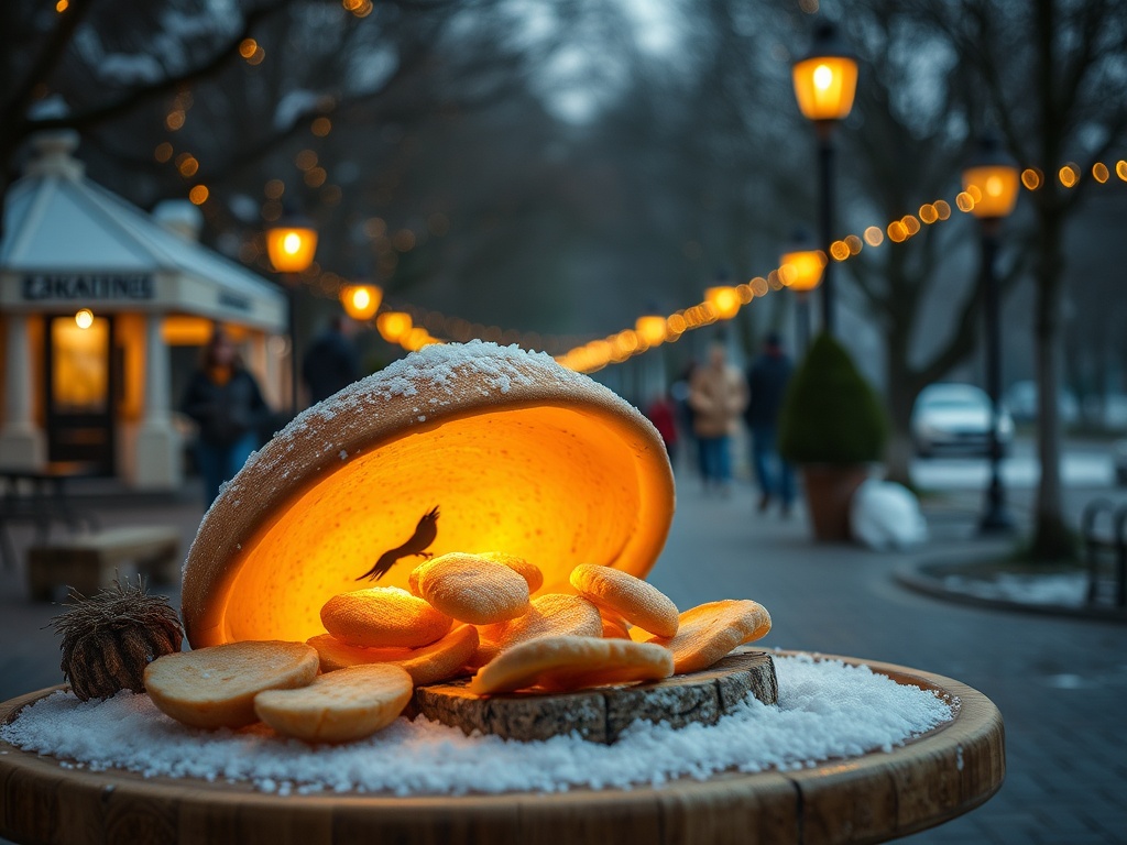 На первом плане деревянная доска с печеньем, освещённая изнутри, на фоне освещенной аллеи и прохожих.