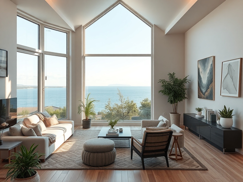 Современная гостиная с большими окнами и видом на море, стильная мебель и зелёные растения.