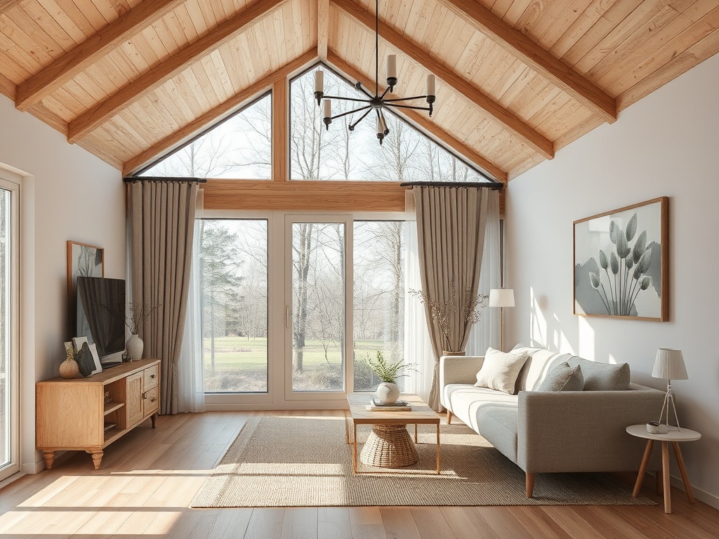 Современный светлый интерьер комнаты с деревянными элементами и большими окнами, выходящими на природу.