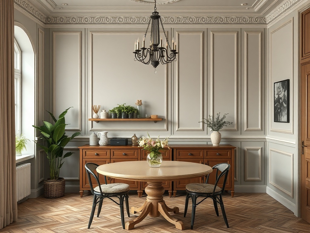 Уютная обстановка: круглый стол, стулья и зелёные растения в светлом интерьере с элементами классики.