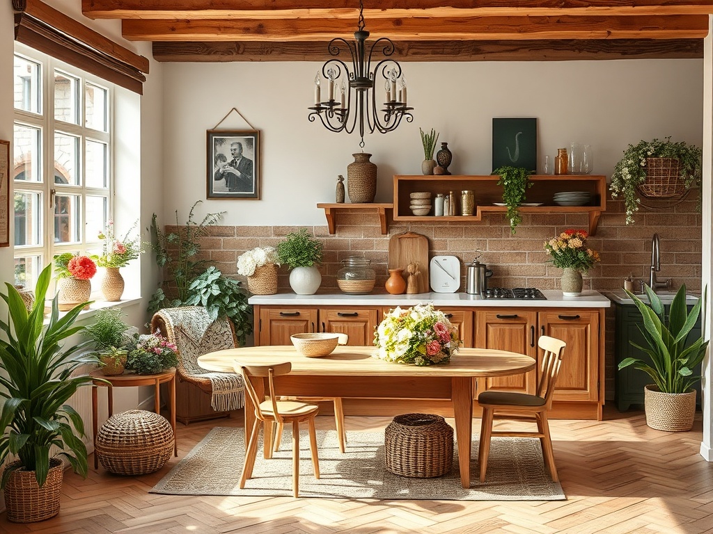 Светлая кухня в деревенском стиле с деревянной мебелью и цветами на столе, много зелени и уютная атмосфера.